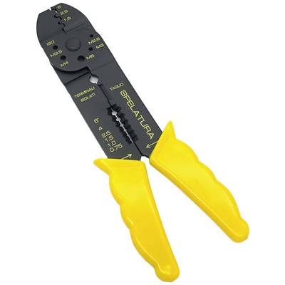 A wire stripper and cutter with yellow handles. The pliers have markings for wire diameters and are used for stripping and cutting cables.