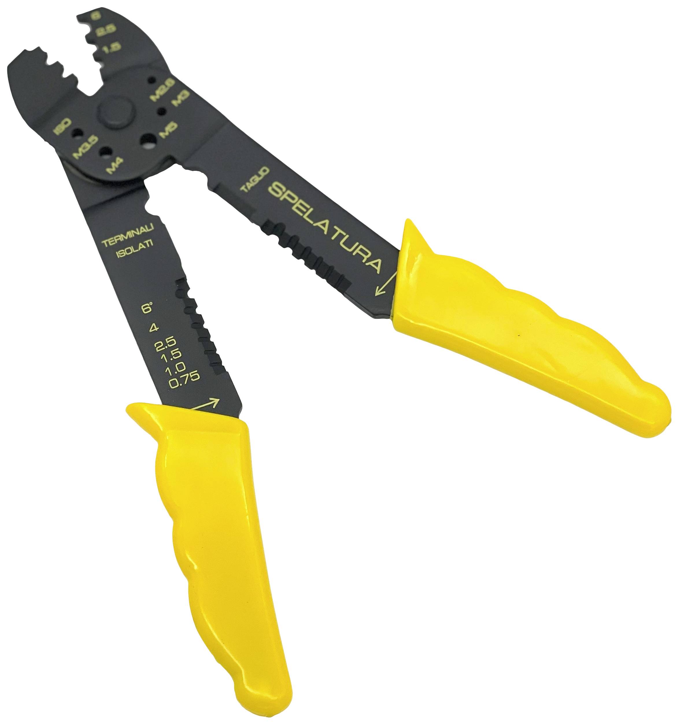 Wire strippers with yellow handles, labelled with wire sizes in mm: 2.5, 1.5 and 0.75. Used for stripping cable insulation.