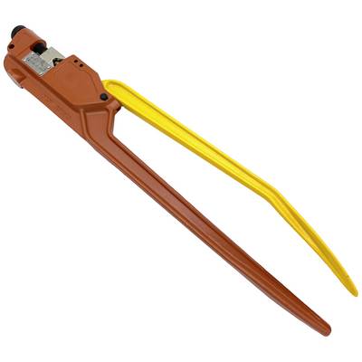 Hand tool for packaging band tension with a red handle and yellow lever, used for securing loads.<br><br>Translation:<br>Hand tool for packaging band tensioning with a red handle and yellow lever, used for securing cargo.