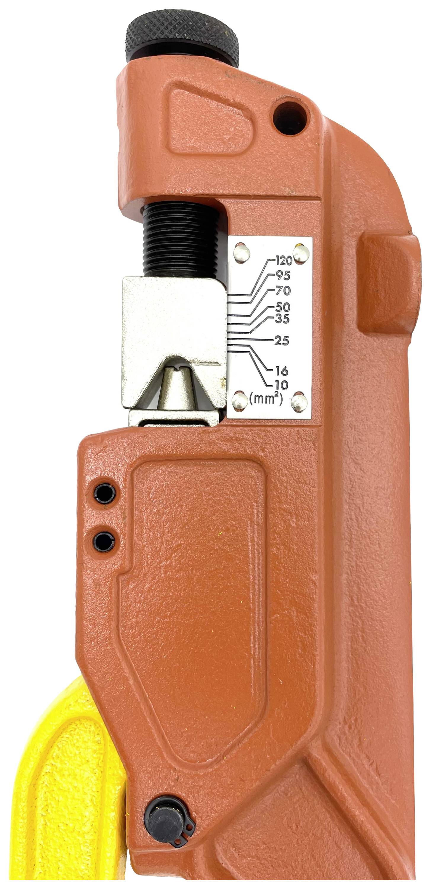 A red cable stripping tool with a millimetre scale along the side, featuring a metallic stripping head visible.