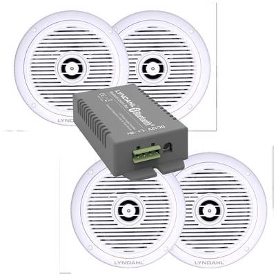 Speaker set comprising three round white speakers and a rectangular grey Bluetooth module. 'Lyndahl' brand name visible.