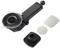 A black holder with a suction cup next to two rectangular and one round sticker; likely used for mounting.
