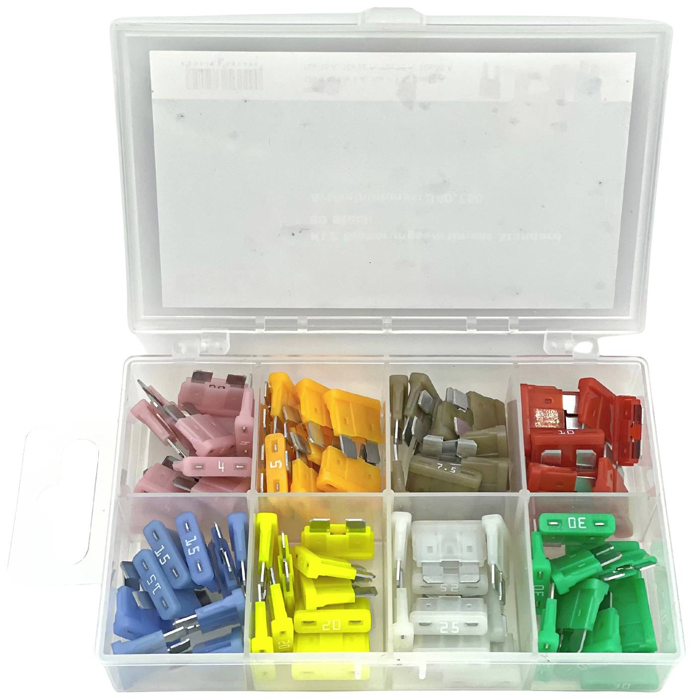 A clear box with compartments, filled with differently coloured automotive fuses in various amperage ratings.