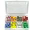 A clear box with compartments, filled with differently coloured automotive fuses in various amperage ratings.
