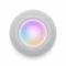 A round, white smart speaker with an illuminated touch control panel on top, displaying coloured lights and volume controls.