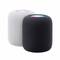 Two smart speakers: One in white, one in black. Both have a colourfully illuminated display on top.