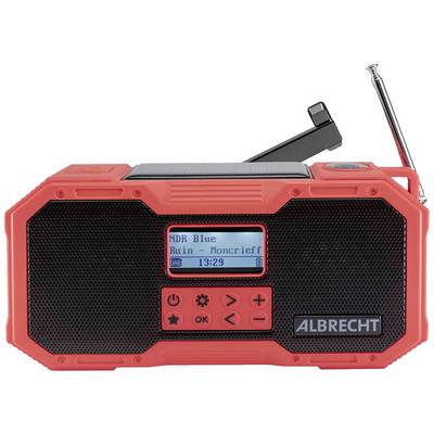 Red portable radio with digital display. Shows 'NDR Blue', 'Ruin - Moncrieff' and the time 13:29. Labelled 'ALBRECHT'.