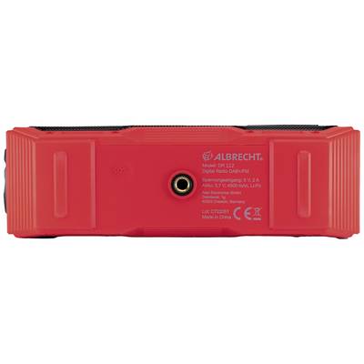 Back of a red Albrecht digital radio with SOS button, power connection, and model and manufacturing information.