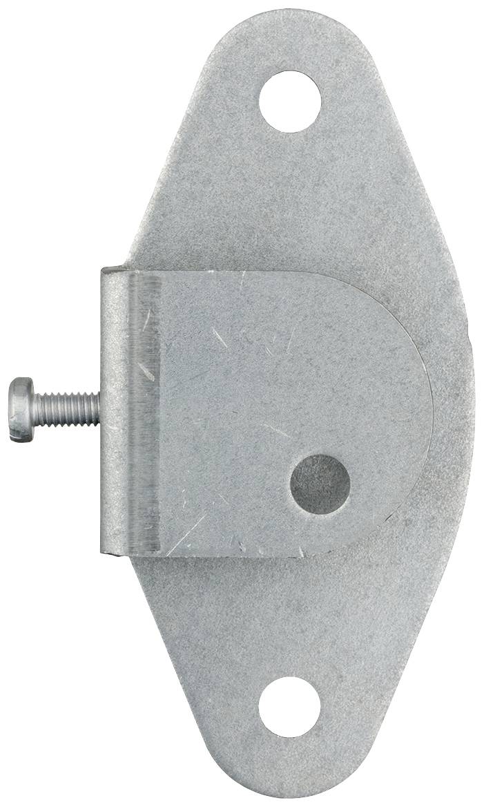 Metal mounting plate with two fixing holes at the top and bottom and a screw attached on the left side.