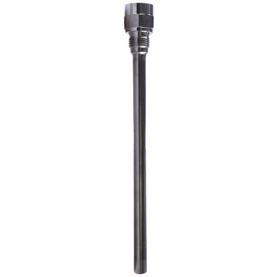 A metallic thermometer immersion sleeve with threading and a hexagonal head for mounting in pipe systems or equipment.