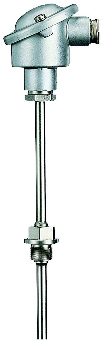 A silver, cylindrical temperature sensor with a swivel head and connection thread. Used for measuring in industrial applications.