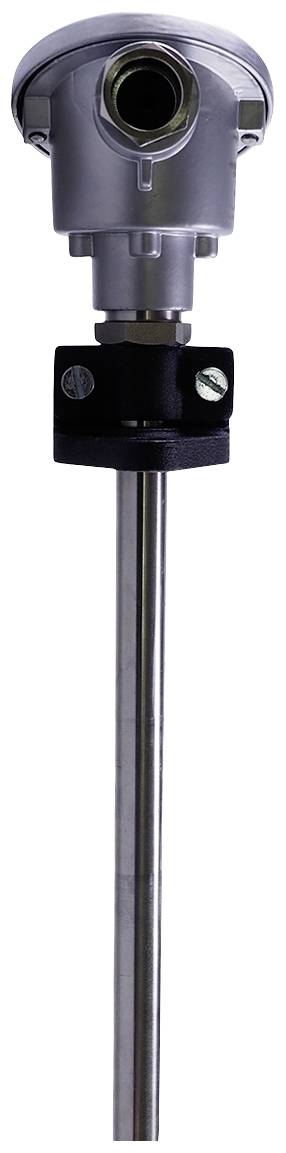 Temperature sensor with metal casing and long tube, used for measuring and monitoring temperature in industrial applications.