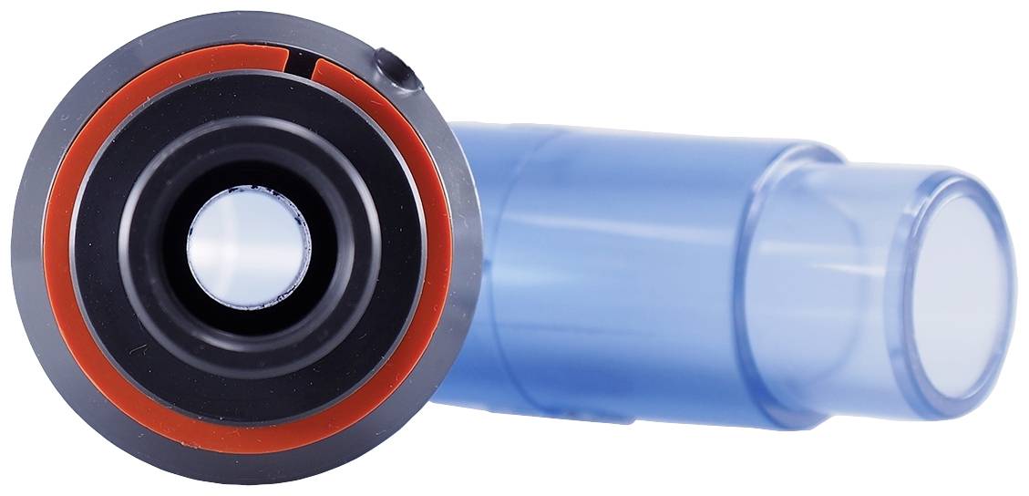 Camera lens viewed from the front, with a blue casing and red border.