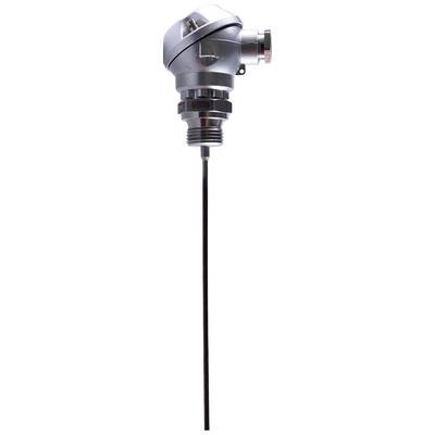 Industrial temperature sensor with metallic protective head and extension shaft, suitable for use in demanding environments.