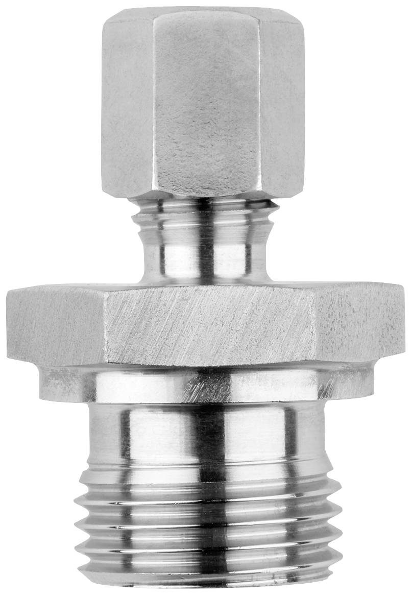 Metal hexagonal threaded bolt, used in hydraulic systems for connecting pipes.