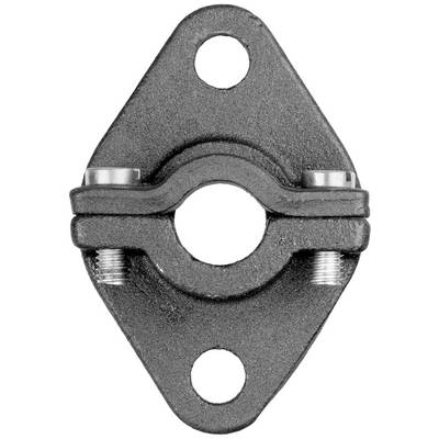 A black metal connecting component with an oval shape and three holes for fastening. It has a central fixing aperture.