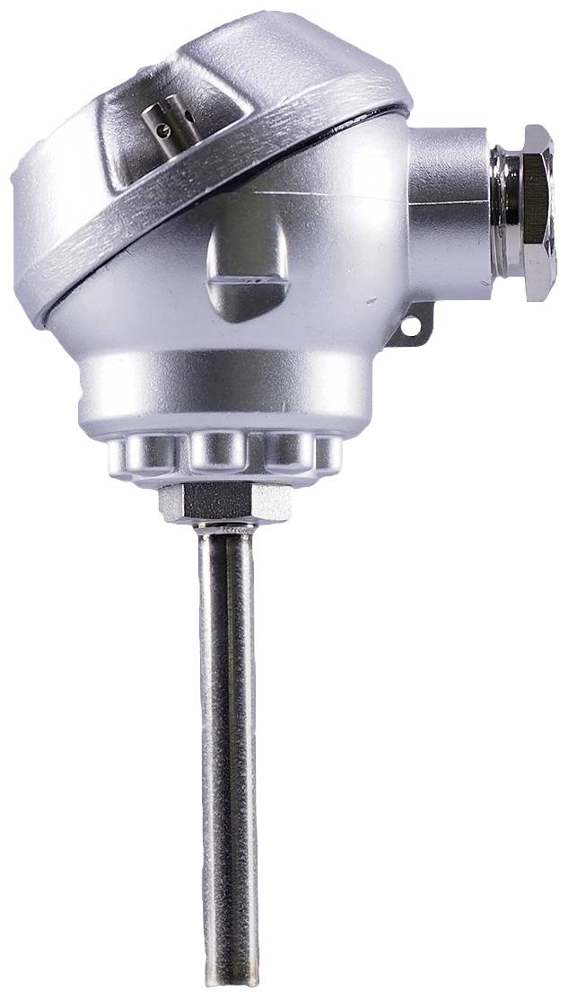 Metal temperature sensor with protective housing, suitable for industrial applications.