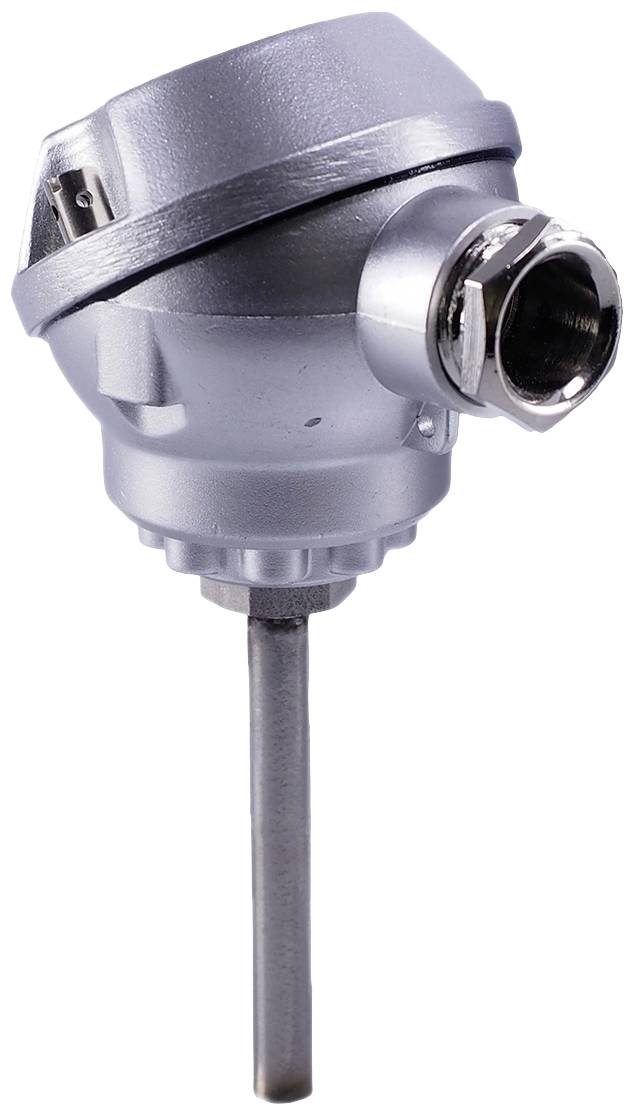 A metal temperature sensor with a cylindrical probe and protective housing, commonly used for measurement in industrial applications.