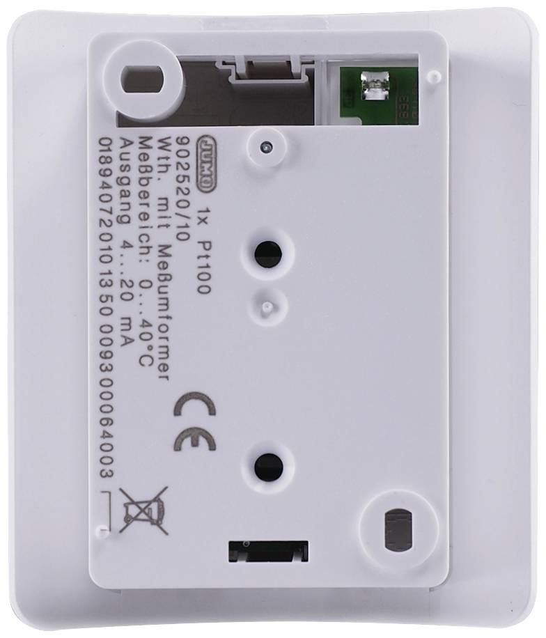Back of a white wall-mounted device with specifications: 24V AC/DC, 4-20 mA output, Pi100 transformer. Manufacturer information visible.