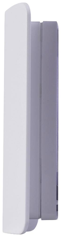 A side-photographed, elongated, white device with a smooth surface.