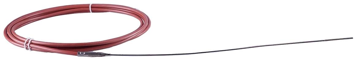 A red-sleeved cable with a thin black plug at the end, coiled and held together by a white band.