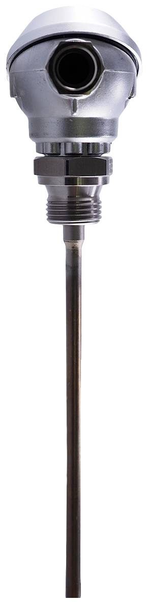 A silver temperature measuring device with a long, slender probe, suitable for industrial applications.