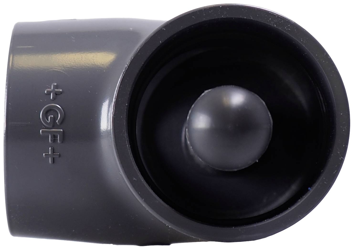 Grey plastic pipe with a lateral connection stub. '+GF+' printed to the left of the stub.
