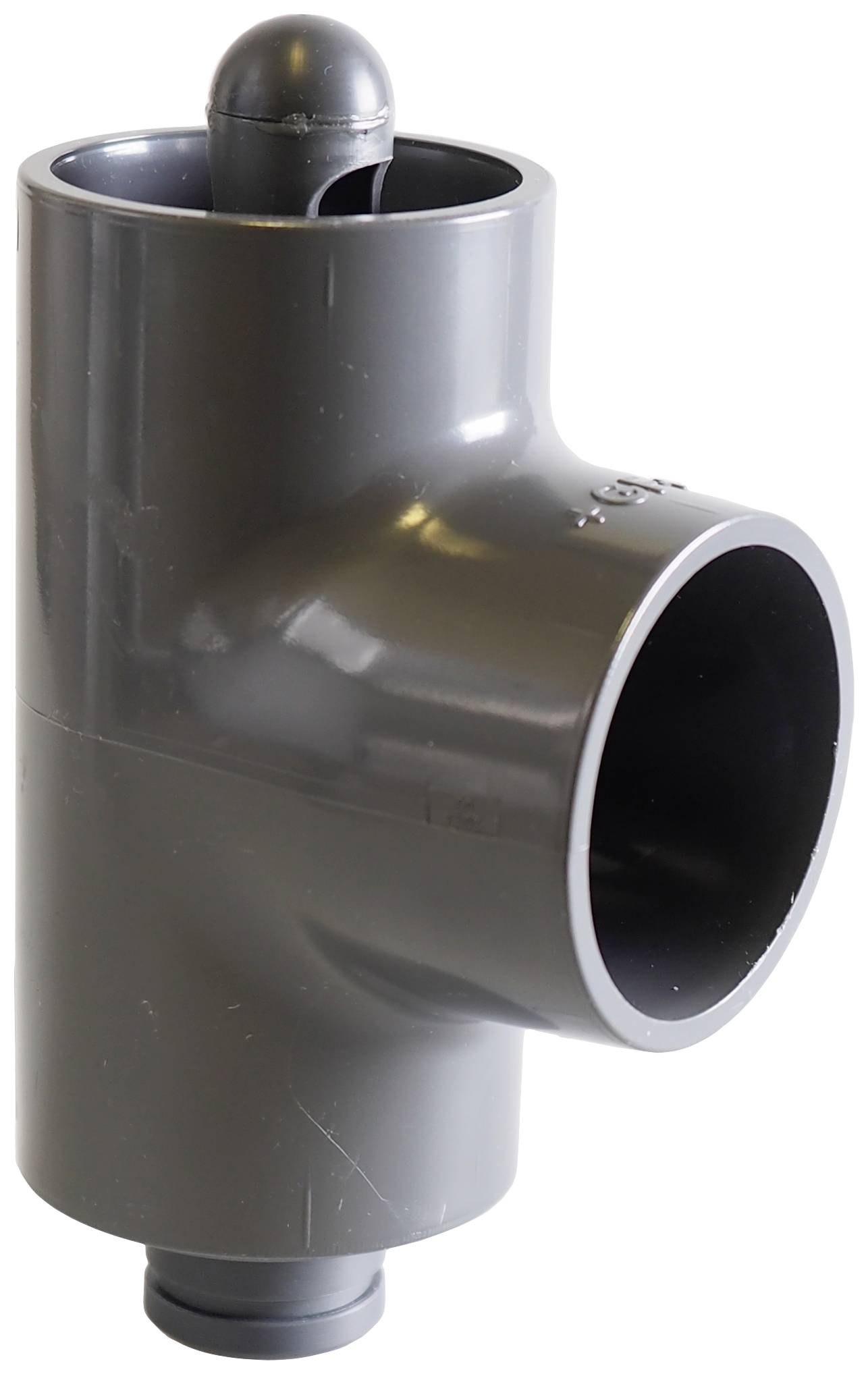A grey plastic T-piece with openings on both sides and the top, used in piping systems for liquid distribution.