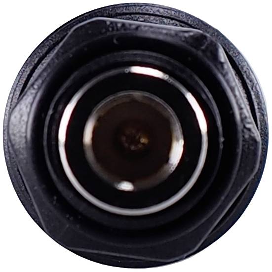 Close-up of a round connector in black with metallic internal components. Primarily used for technical applications.