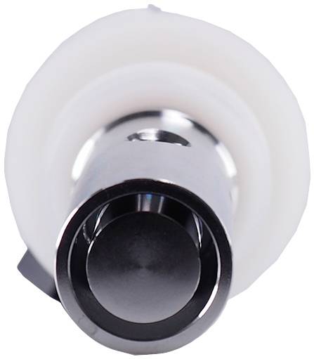 Metallic button in a round, white plastic casing.