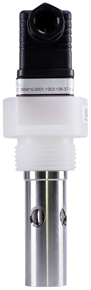 A temperature or pressure sensor with a white plastic housing and a metallic measuring range at the bottom, used for industrial applications.