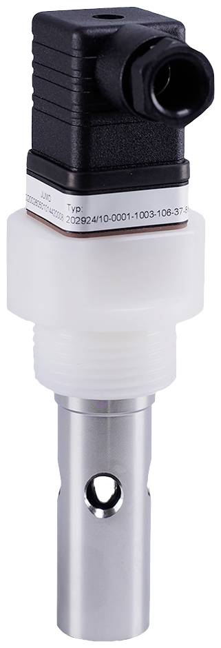 An industrial sensor for measurement in piping systems, with a black connection head and white housing. Primarily constructed from metal and plastic.