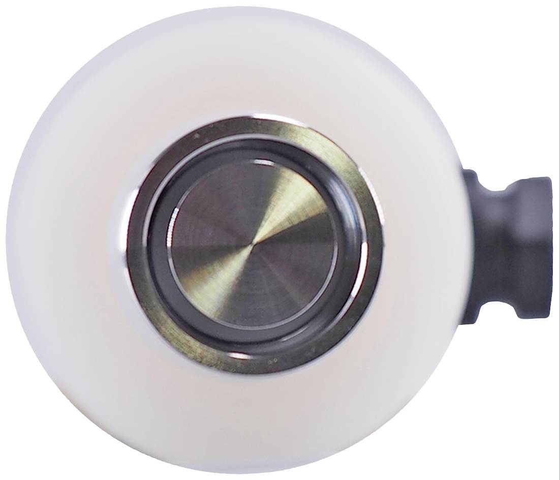 A white roller with a silver, shiny metal core in the middle, with a black mounting bracket on the side.