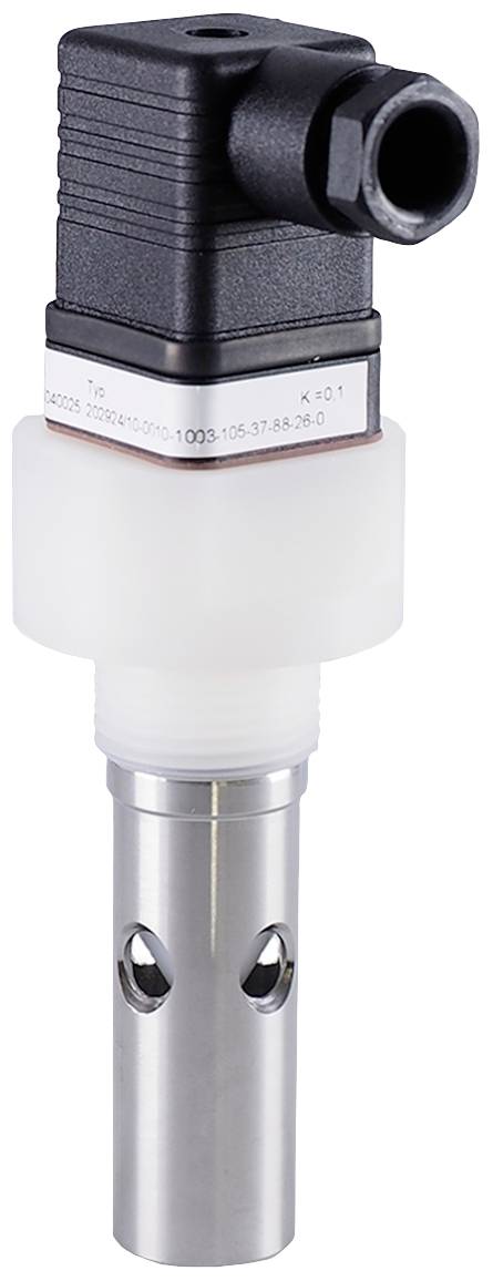 A sensor in plastic and metal design with a black connector. Used for measurement in industrial applications.