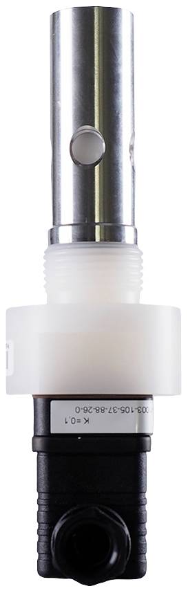 Silver-coloured sensor with a round housing, black connection at the lower end. Used for measuring physical quantities.