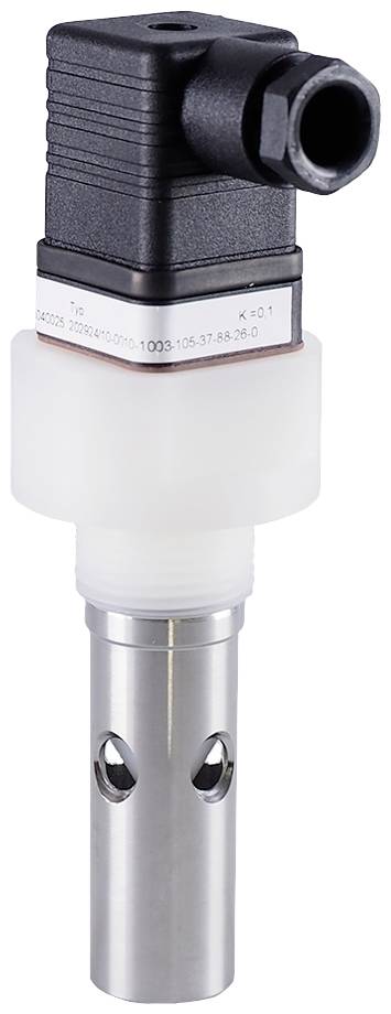 An industrial sensor with a black plastic housing and silver metal tip, used for temperature or pressure measurement.