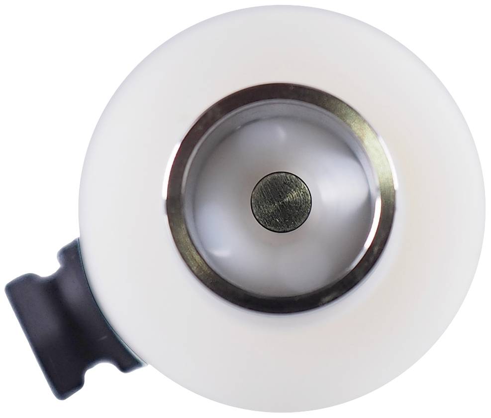 White roller with a shiny metal centre, viewed from above. A black mounting bracket is attached to the side.