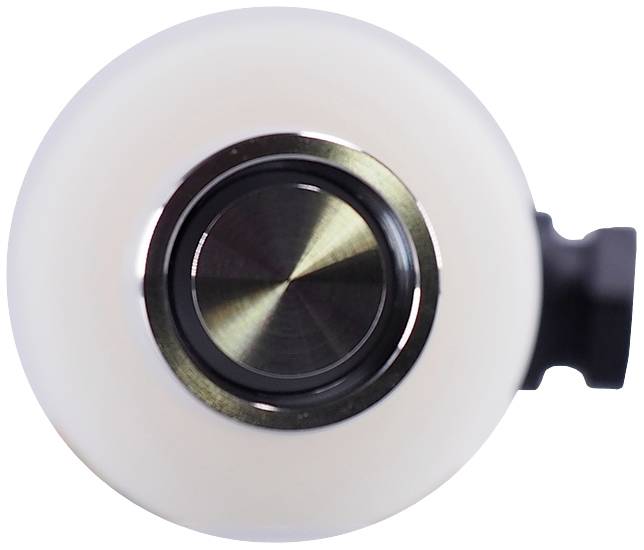 A white wheel with a metallic inner section, likely part of a skateboard or longboard, against a white background.