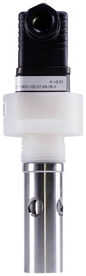 Industrial metal and plastic sensor, cylindrical with electronic connection at the top, typical for liquid measurements.