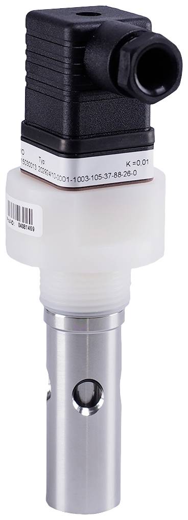 A sensor with a black housing and a white, cylindrical connector for industrial applications.