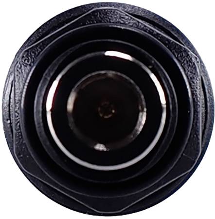 Close-up of a round, black plug with a metal connection in the centre.