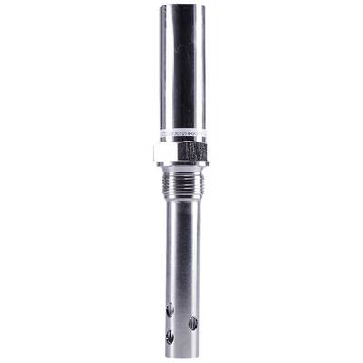 A silver, cylindrical metal component with threading and holes at its lower end. Potentially used in technical applications.