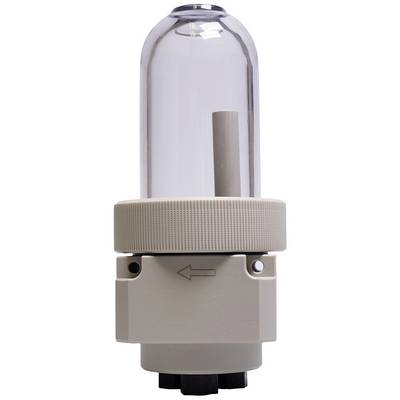 A grey, cylindrical device with a transparent dome on top and an arrow pointing to the left.