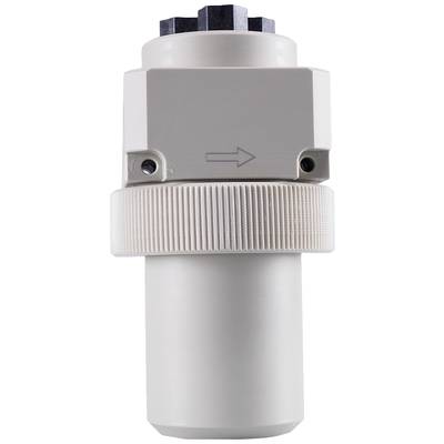 Cylindrical plastic component with a ribbed central section, featuring an arrow pointing to the right at the top. Mechanical part.