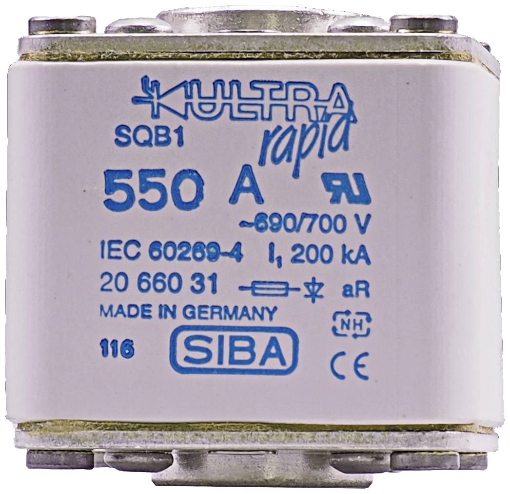 A SIBA fuse with the inscription 'KULTRA rapid', rated current 550 A, voltage 690/700 V, manufactured in Germany.
