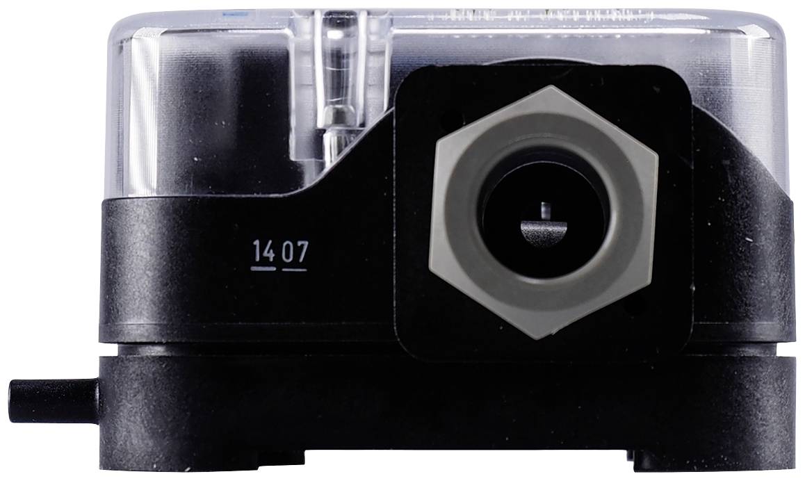 A sensor in a black housing with a transparent upper section and a hexagonal opening in the centre.