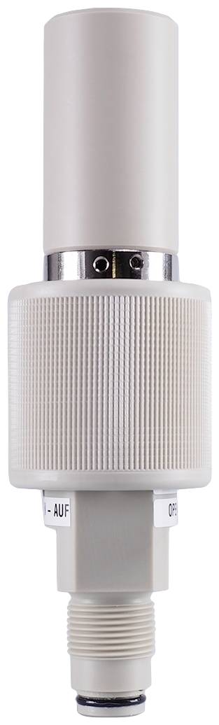 A light grey, cylindrical industrial valve with a ribbed handle and pipe connection fittings; opening and closing markings are visible.