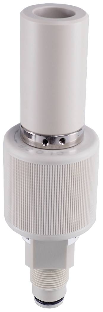 A white, cylindrical sensor with a ribbed casing and connector, likely for industrial applications.
