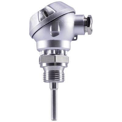 Industrial thermometer, silver, with threaded mounting and protective cap; used for precise temperature measurement in technical installations.