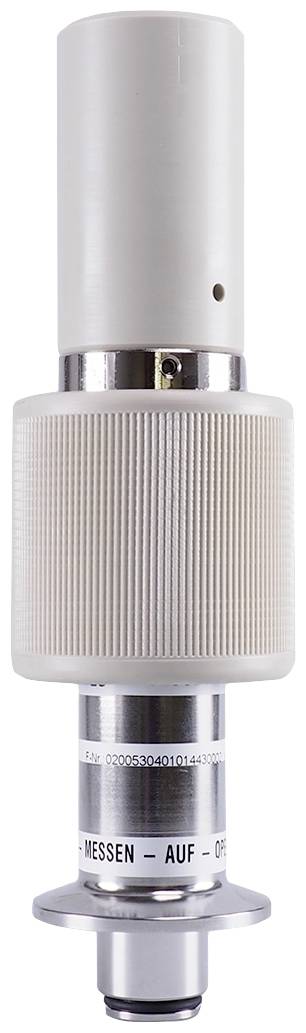 A white-silver technical device, presumably a measuring instrument with a ribbed handle and stainless steel component, connected to a machine.